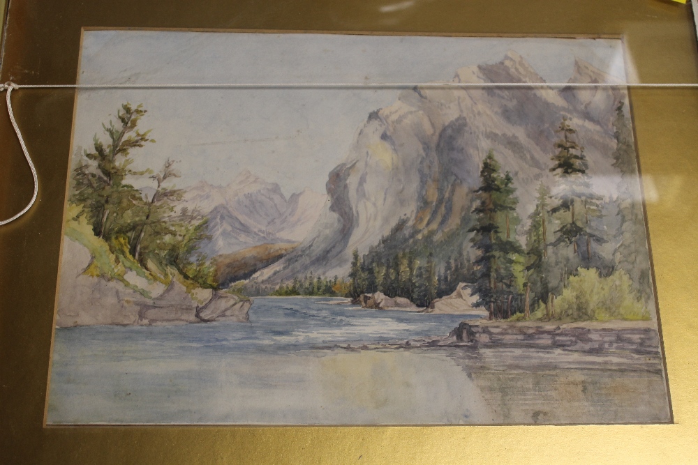 FOUR FRAMED ANTIQUE WATERCOLOURS, POSSIBLY OF CANADA, MAILY MOUNTAIN SCENES AND ONE OF LOGS ON A RI - Image 2 of 8