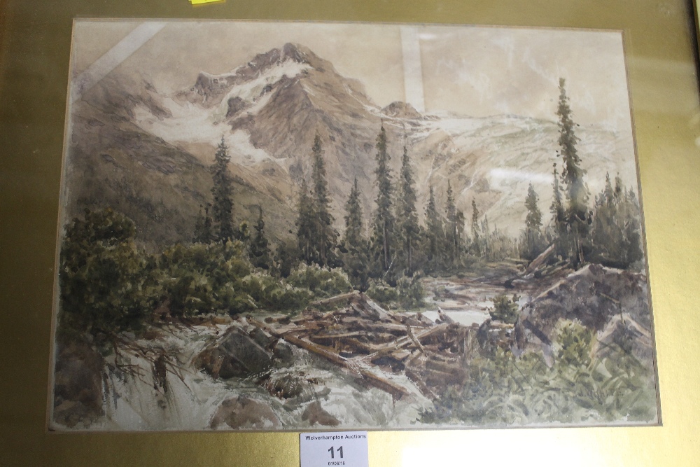 FOUR FRAMED ANTIQUE WATERCOLOURS, POSSIBLY OF CANADA, MAILY MOUNTAIN SCENES AND ONE OF LOGS ON A RI - Image 4 of 8