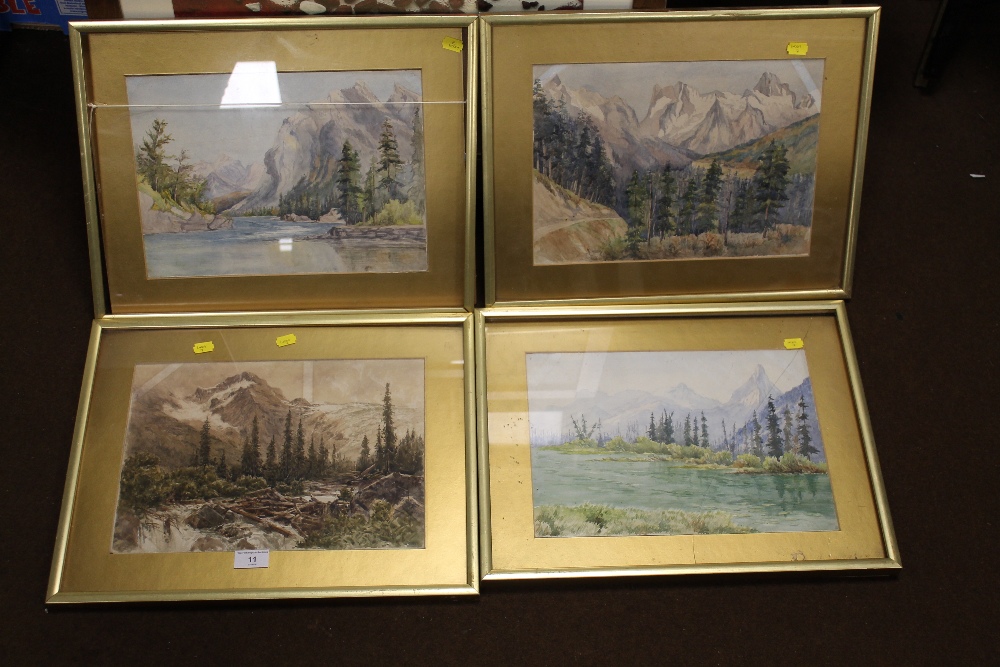 FOUR FRAMED ANTIQUE WATERCOLOURS, POSSIBLY OF CANADA, MAILY MOUNTAIN SCENES AND ONE OF LOGS ON A RI