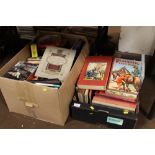 A BOX OF VINTAGE CHILDREN'S BOOKS, TOGETHER WITH A BOX OF COLLECTABLE TINS, ETC