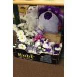 TWO BOXES OF WEDDING RELATED ITEMS, TO INCLUDE TABLE DECORATIONS, FAUX FLOWERS, ETC