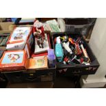 A BOX OF TOY CARS TO INCLUDE CORGI, ETC TOGETHER WITH A BOX OF CHRISTMAS DECORATIONS