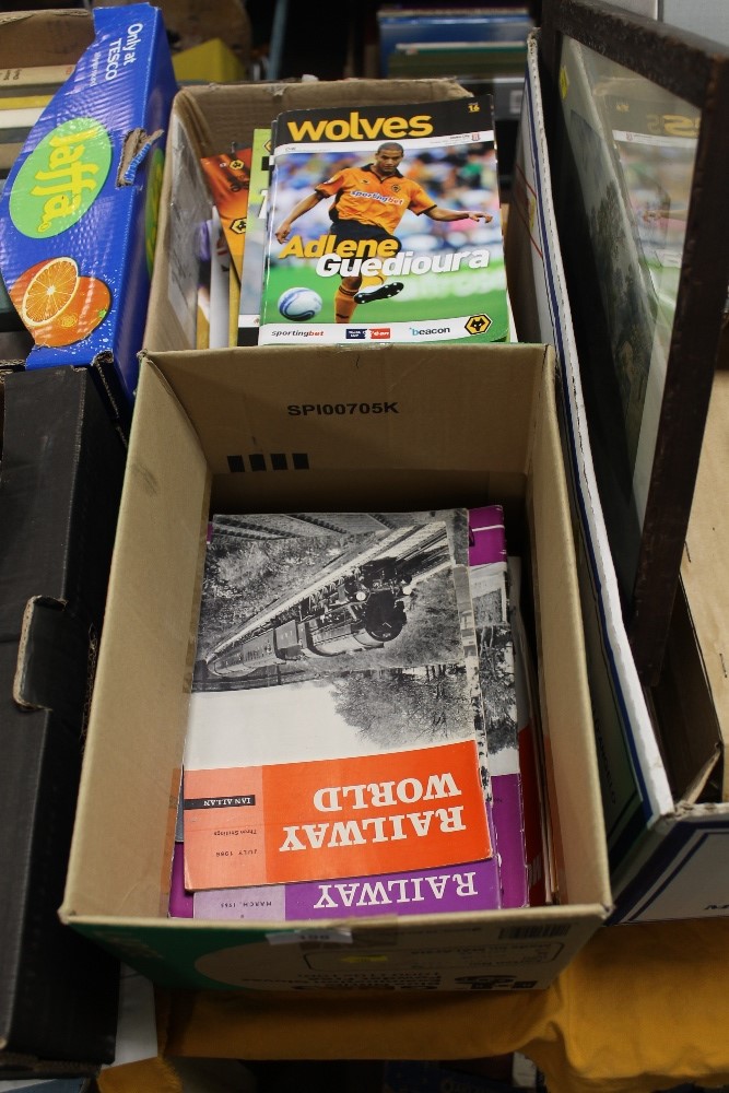 A BOX OF WOLVERHAMPTON WANDERERS FOOTBALL PROGRAMMES, TOGETHER WITH A BOX OF RAILWAY WORLD MAGAZINE