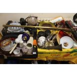 FOUR TRAYS OF ASSORTED HOUSEHOLD ITEMS, TO INCLUDE A GLOBE, ETC