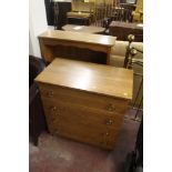 A TEAK FOUR DRAW CHEST TOGETHER WITH AN OPEN FRONTED BOOKCASE