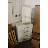 A WHITE FOUR DRAW CHEST TOGETHER WITH A WHITE CABINET