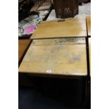 TWO SCHOOL DESKS WITH BRASS INK WELL FITTINGS