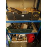 THREE TRAYS OF HAND TOOLS AND A CASE OF HAND TOOLS WITH TACKS, SCREWS ETC