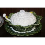 AN UNUSUAL PORTUGESE MAJOLICA STYLE CABBAGE LEAF LIDDED SERVING DISH WITH SPOON