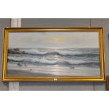 A LARGE GILT FRAMED OIL ON CANVAS DEPICTING BREAKING WAVES ON THE SHORE - SIGNED 'GALNA'