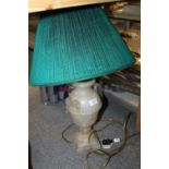 A LARGE ONYX TWIN HANDLED LAMP AND SHADE