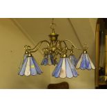 A PUB STYLE HANGING LIGHT WITH COLOURED GLASS SHADES TOGETHER WITH ANOTHER HANGING LIGHT (2)
