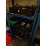 THREE TRAYS OF HAND TOOLS, A TRAY OF METALWARE AND A TOOL BOX