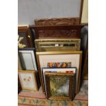 A SELECTION OF PICTURES, MIRRORS & A CARVED WALL PLAQUE, TO INC A LOCAL ARTIST OIL DEPICTING A DEER