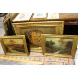 THREE VICTORIAN GILT FRAMED PICTURES DEPICTING LIONS AND COUNTRY SCENES