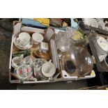 A SMALL TRAY OF CERAMICS TO INCLUDE WADE, WEDGWOOD ETC, PLUS FIVE PIECES OF GLASSWARE