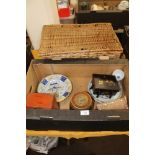 A TRAY OF SUNDRIES TOGETHER WITH A WICKER PICNIC BASKET