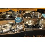 FOUR TRAYS OF KITCHEN ITEMS TO INCLUDE SAUCEPANS, ETC