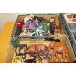 TWO TRAYS OF COLLECTABLES TO INCLUDE CARVED ANIMALS, ETC