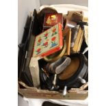 A TRAY OF COLLECTABLES TO INCLUDE OPERA GLASSES, CARVED ITEMS, PICTURES, ETC