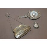 A HALLMARKED LADIES PURSE + BABY'S RATTLE + A WHITE METAL SIEVE