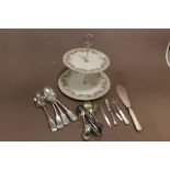 AN ORCHID CERAMICS CAKE STAND TOGETHER WITH A SELECTION OF SILVER PLATED KNIVES ETC