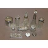 A SELECTION OF HALLMARKED SILVER TOPPED VANITY JARS ETC