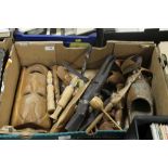 A TRAY OF AFRICAN STYLE CARVED TREEN ITEMS