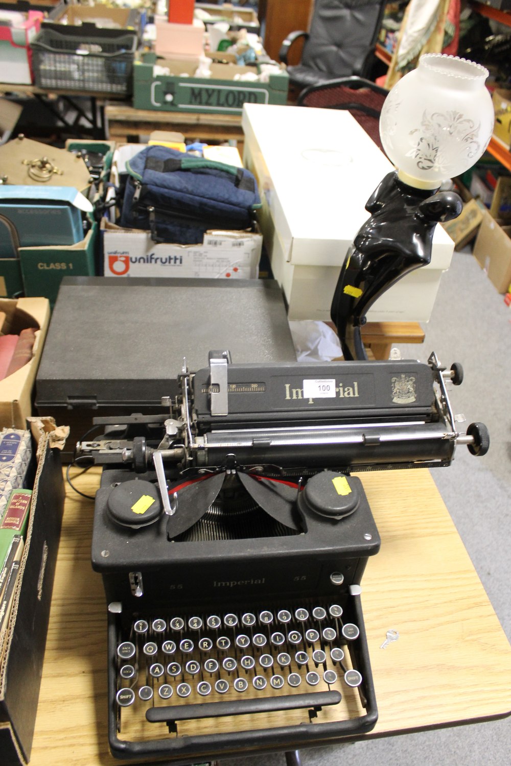 AN IMPERIAL TYPEWRITER, RECORD PLAYER & A FIGURATIVE LAMP