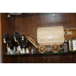 THREE CERAMIC SHIRE HORSE FIGURES & A MATCHSTICK CARRIAGE & ANOTHER (5)