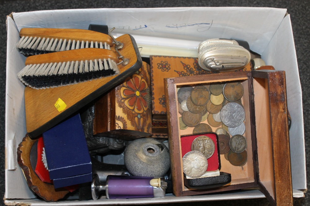 A BOX OF COLLECTABLES, HIP FLASKS, LIGHTERS ETC