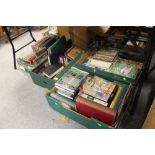 THREE TRAYS OF BOOKS, GUIDES, MAGAZINES ETC TO INCLUDE ENID BLYTON AND OTHER CHILDREN'S