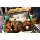 A TRAY OF TREEN ITEMS TO INC BOOK ENDS, LAMP ETC