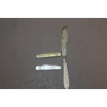 A MOTHER OF PEARL SILVER FOLDING KNIFE + ANOTHER + A MOTHER OF PEARL BUTTER KNIFE