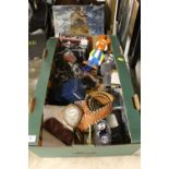 A TRAY OF MOTORCYCLE RELATED SUNDRIES, MONEY BANKS ETC
