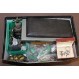 A TRAY OF COLLECTABLES TO INCLUDE CAR MODELS, SILVER CUFFLINKS, COINS ETC