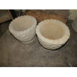 TWO CIRCULAR STONE PLANTERS FEATURING OAK LEAVES + ACORNS