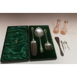 A CASED WALKER & HALL SILVER PLATED SERVER SET, PAIR OF HALLMARKED SILVER RIMMED SPECIMEN VASES,