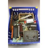 A BOX OF COLLECTABLES TO INC COINAGE, HIP FLASKS ETC