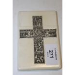 A CARVED IVORY ORIENTAL CARD CASE, decorated with a typical village scene within a 'cross' shaped