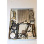 A BOX OF COLLECTABLES TO INC A CARD CASE, COINS ETC