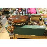 A TRAY OF METALWARE ETC TO INC FLATWARE, SAUCE BOAT, CARVED TREEN BOWL