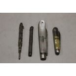 A HALLMARKED SILVER AND MOTHER OF PEARL FRUIT KNIFE PLUS WHITE METAL PROPELLING PENCIL ETC (4)