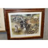 MICK CAWSTON - A FRAMED & GLAZED SIGNED LIMITED EDITION PRINT OF SHEPHERD, SHEEP DOGS & SHEEP