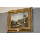 A GILT FRAMED VICTORIAN STYLE OIL IN BOARD DEPICTING A RIVERSIDE SCENE SIGNED LOWER RIGHT
