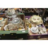 TWO TRAYS OF ASSORTED CHINA & CERAMICS TO INC A BRASS TRIVET, CAKE STAND, ETC