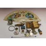 A BOX OF ASSORTED COLLECTABLES TO INC VINTAGE DARTS, COINS, SILVER BANGLE, ROYAL ALBERT BENJAMIN