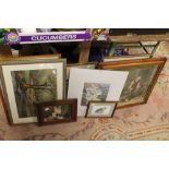 A SELECTION OF PICTURES & PRINTS TO INC ORIENTAL WORKS, SHOE MENDER PICTURE, HELTER FRAZER BOTANICAL