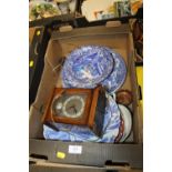 A TRAY OF CERAMICS TO INC A LARGE BLUE & WHITE SPODE BOWL, TEMPUS FUGIT CLOCK, PLATES ETC