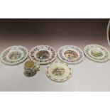 FOUR ROYAL DOULTON BRAMBLY HEDGE SEASONAL PLATES TOGETHER WITH A ROYAL DOULTON BUNNYKINS MUG & PLATE